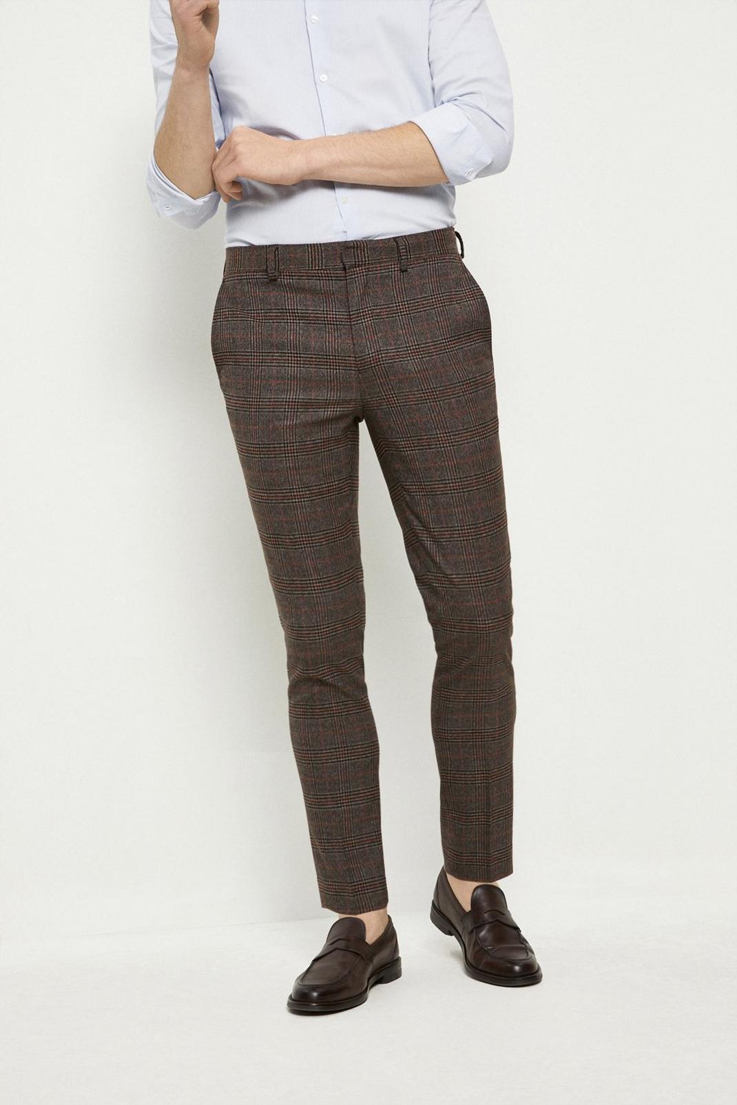Skinny Fit Brown Highlight Check Suit Trouser image number 1