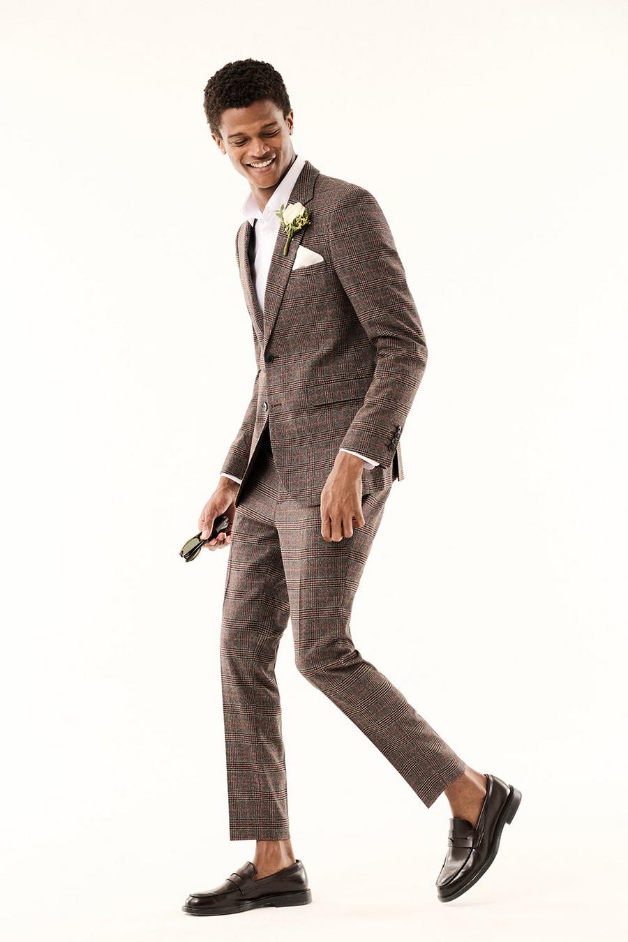 Super Skinny Fit Brown Highlight Check Two-Piece Suit 