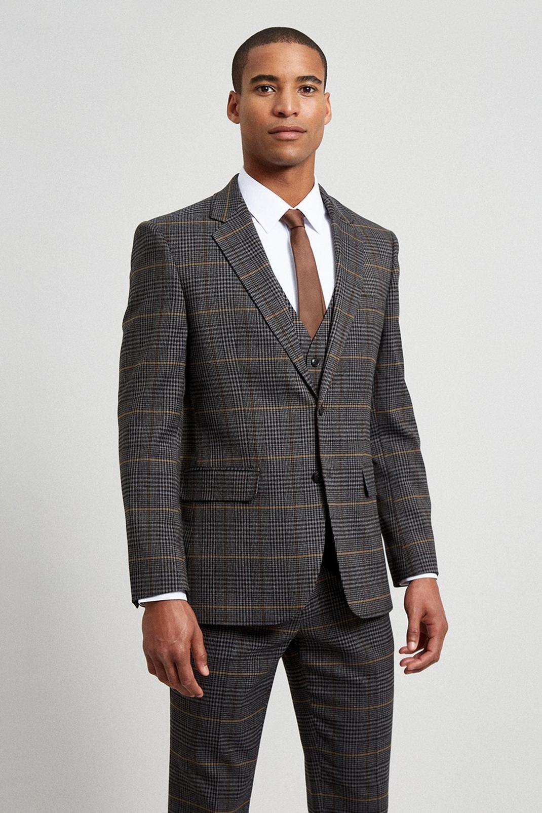 Grey Tailored Fit Brown Saddle Check Jacket image number 1