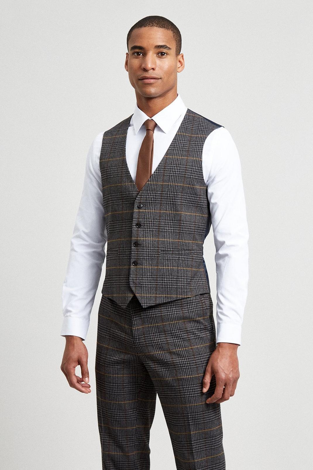 Grey Tailored Fit Brown Saddle Check Waistcoat image number 1