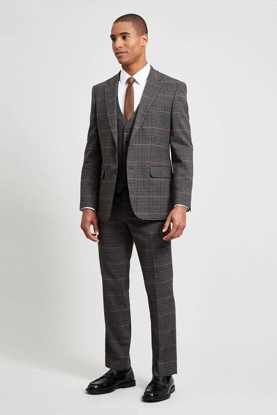 Grey Tailored Fit Brown Saddle Check Suit Trouser image number 1