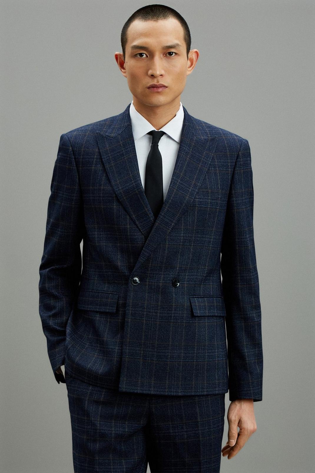 Mid blue Skinny Fit Navy Heritage Check Double Breasted Suit Jacket image number 1