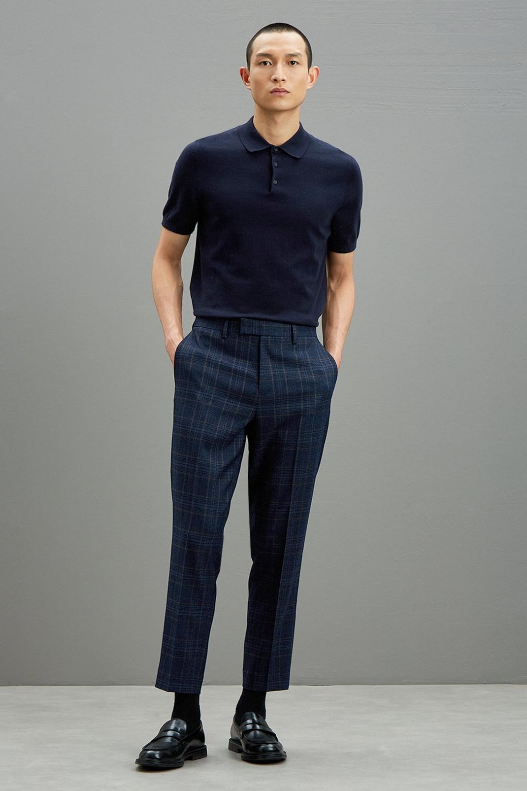 Mid blue Tapered Fit Navy Heritage Check Suit Trousers image number 1