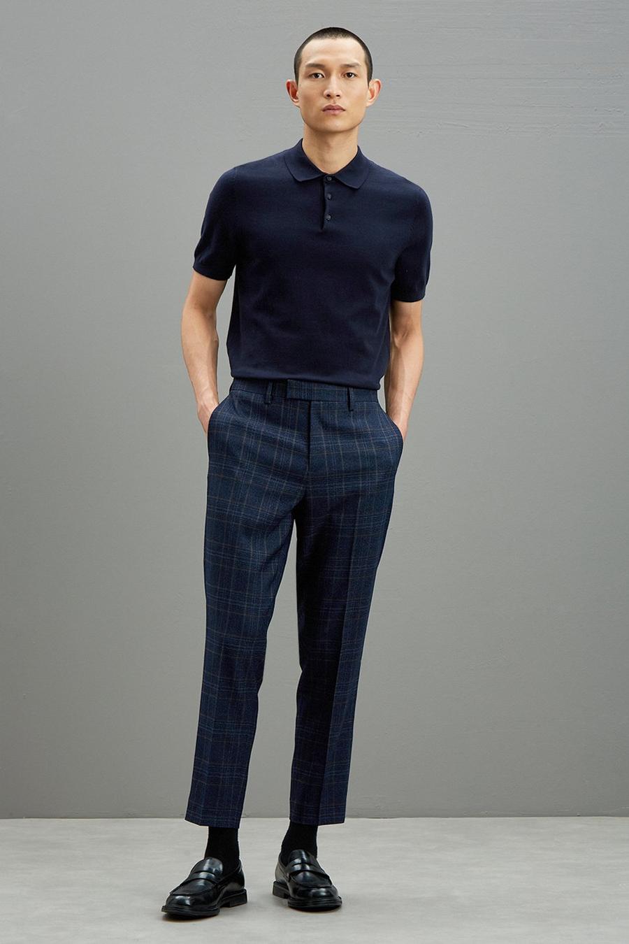 Tapered Fit Navy Heritage Check Suit Trousers