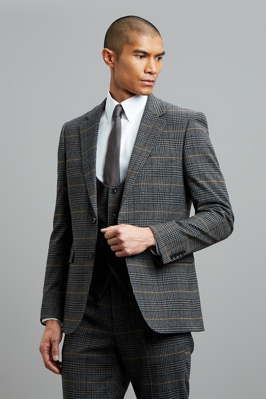 Grey Saddle Check Slim Fit Suit Blazer
