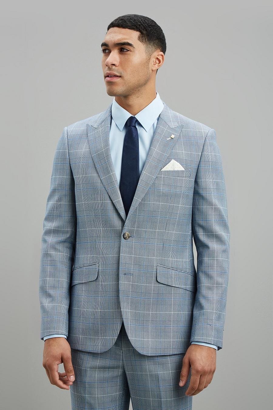 Light Blue Pow Check Slim Fit Three-Piece Suit