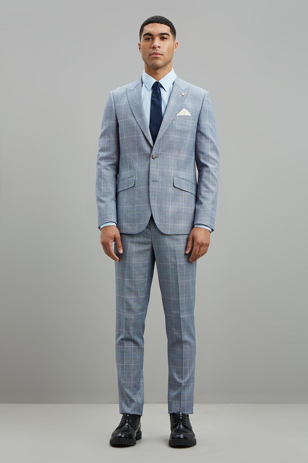 Light Blue Pow Check Slim Fit Three-Piece Suit image number 2