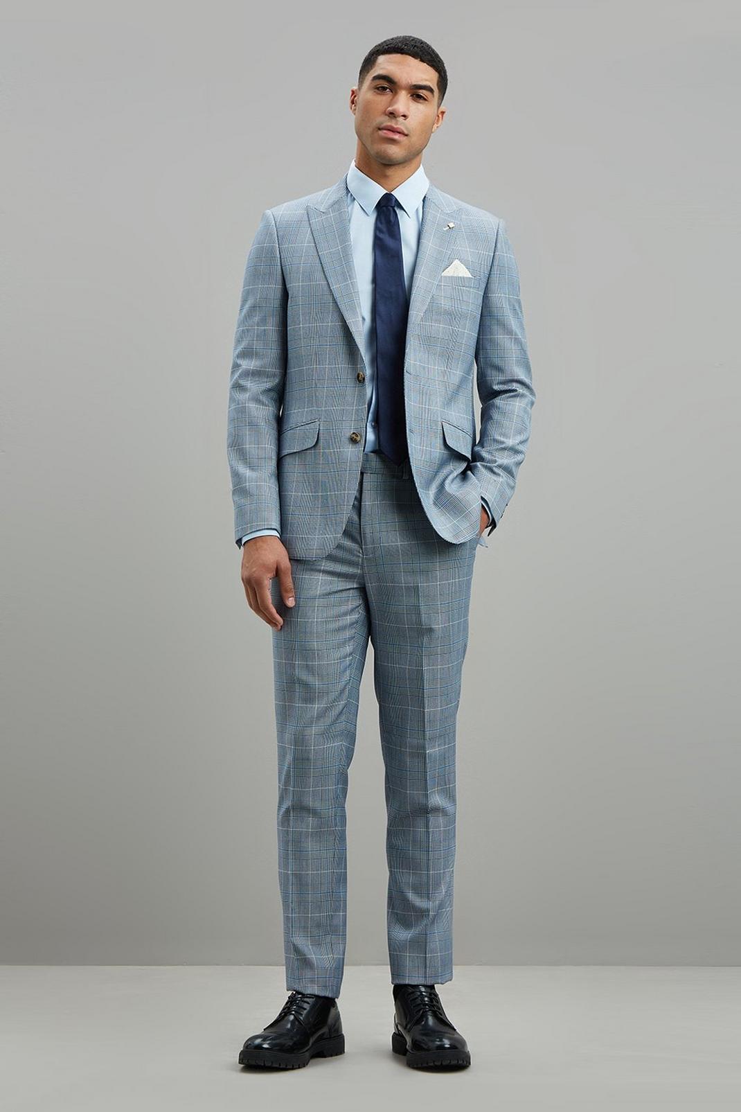 564 Light Blue Pow Check Slim Fit Suit Trouser image number 2