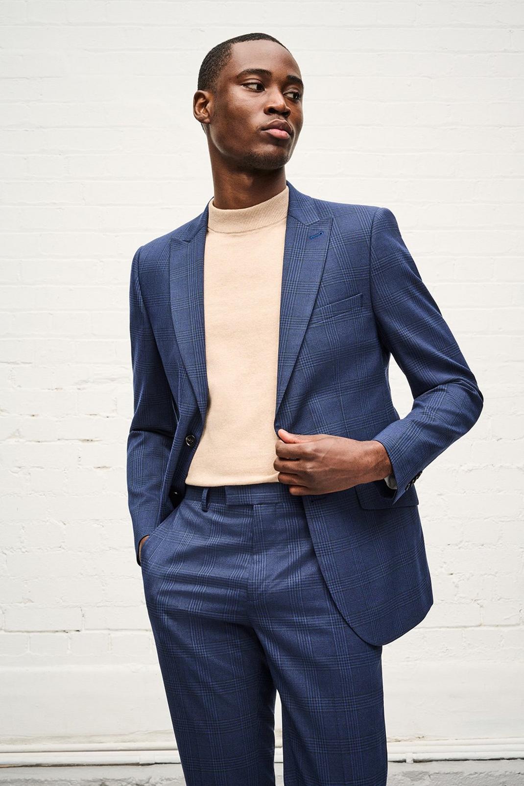 Navy Highlight Check Skinny Fit Suit Jacket image number 1