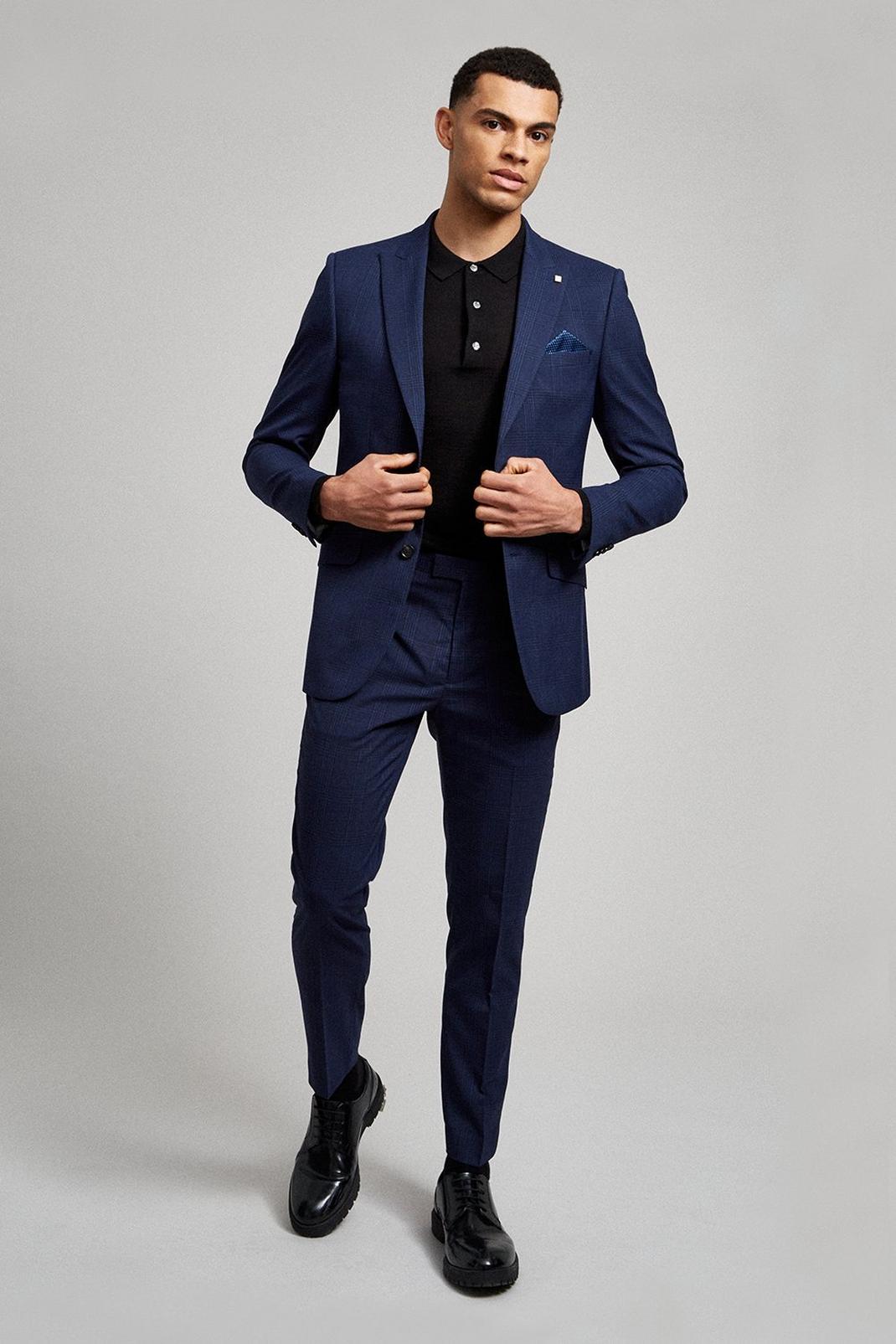 148 Navy Highlight Check Skinny Fit Suit Jacket image number 2