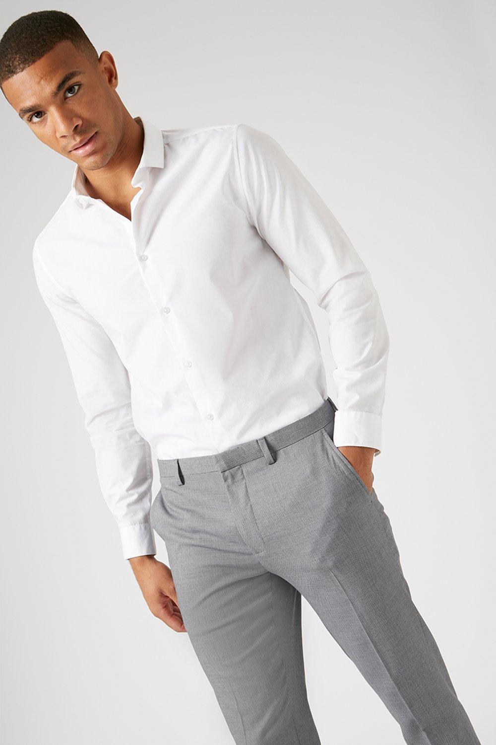 grey suit pants white shirt