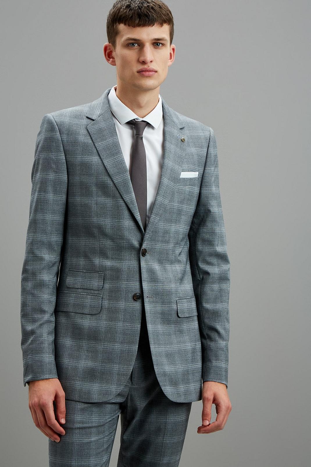 Mid grey Skinny Fit Grey Fine Check Suit Jacket image number 1