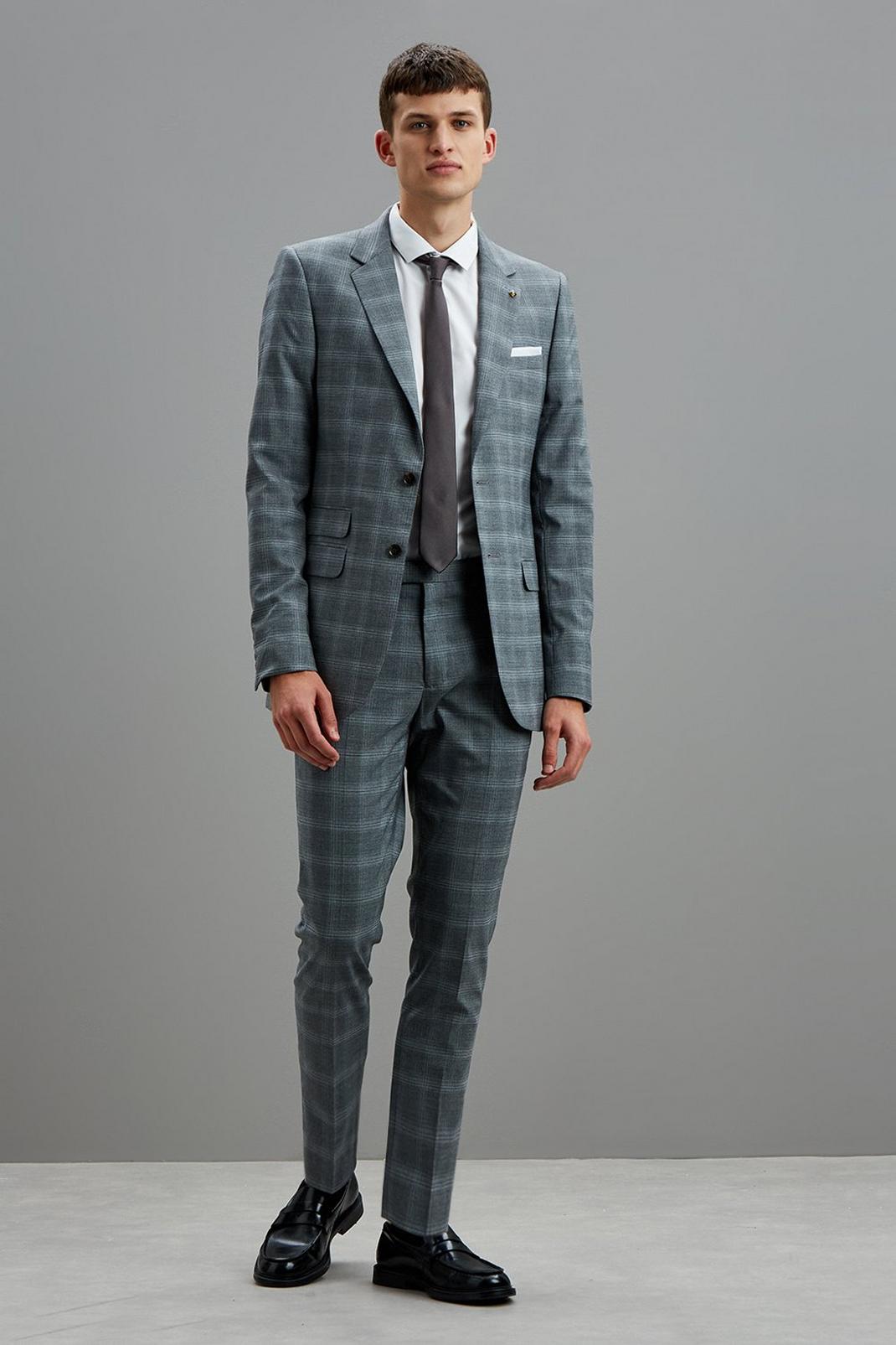 802 Grey Fine Check Skinny Fit Suit Jacket image number 2