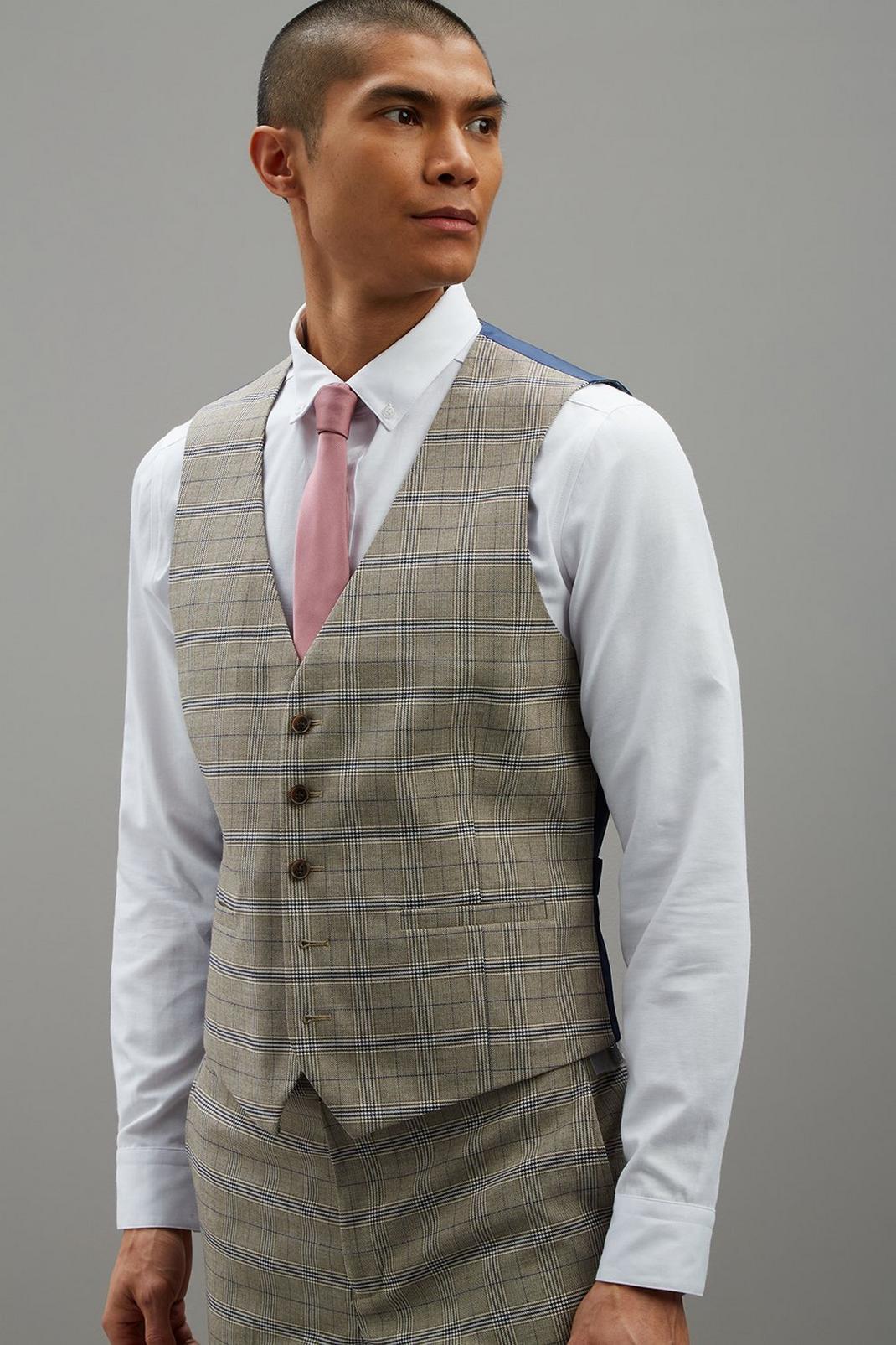 Sand And Navy Check Skinny Fit Suit Waistcoat image number 1