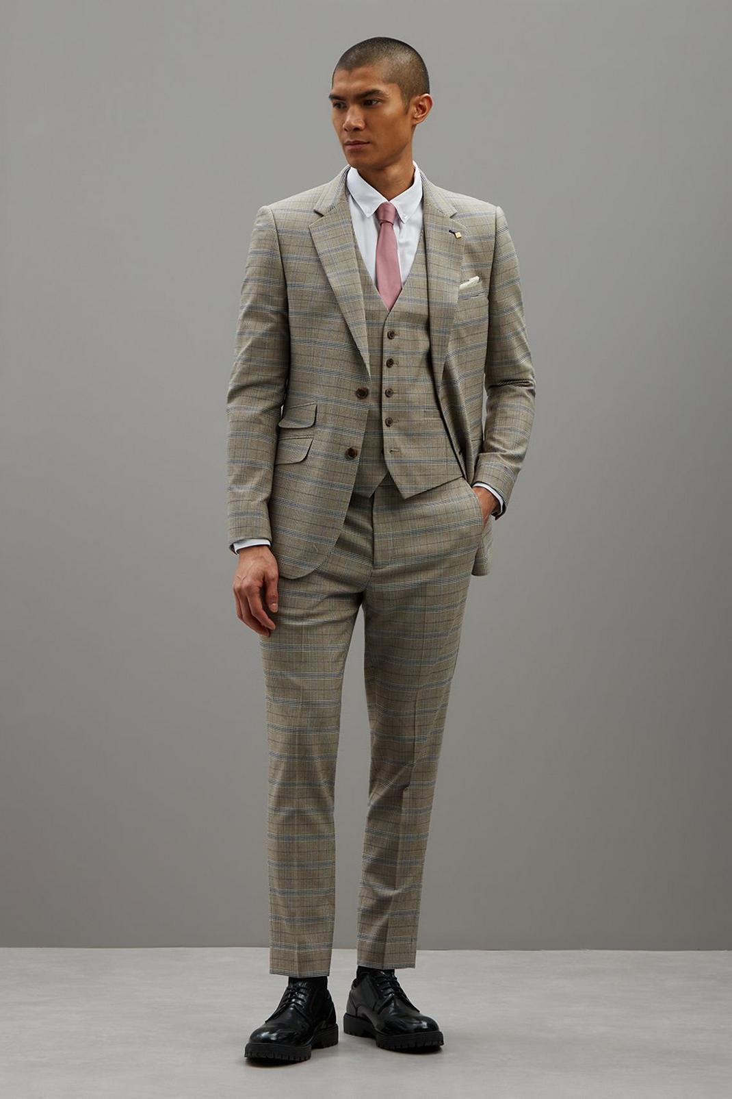 996 Sand And Navy Check Skinny Fit Suit Waistcoat image number 2