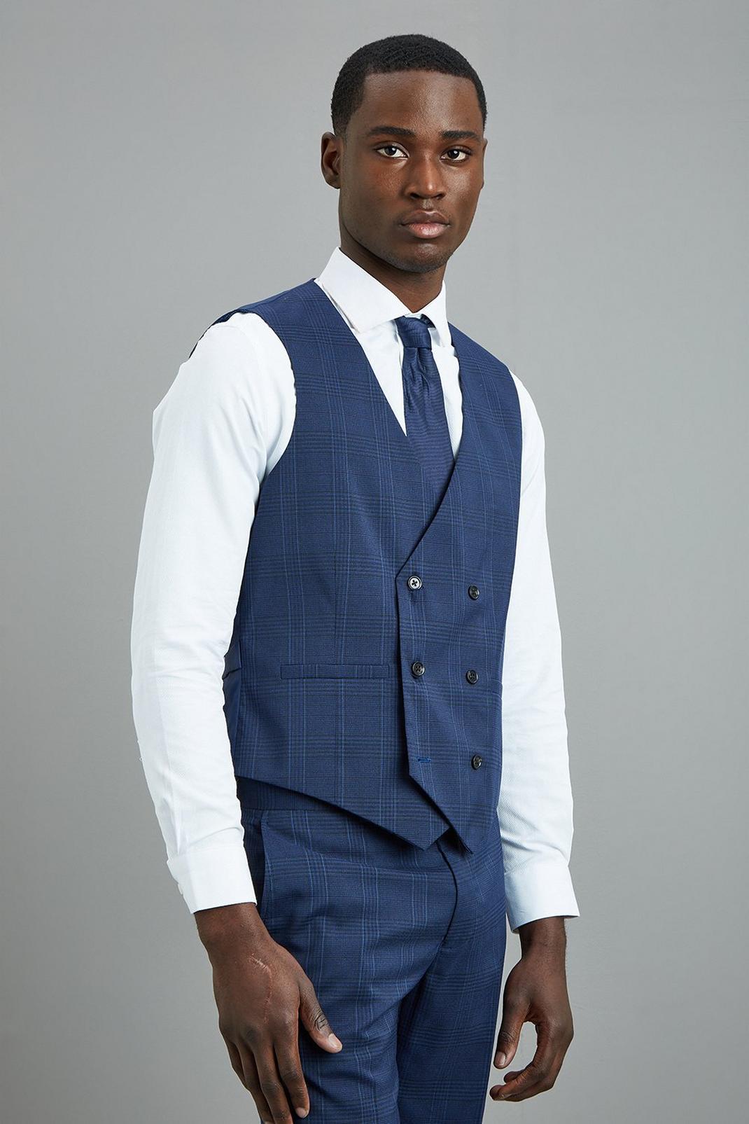 148 Navy Highlight Check Skinny Fit Waistcoat image number 2