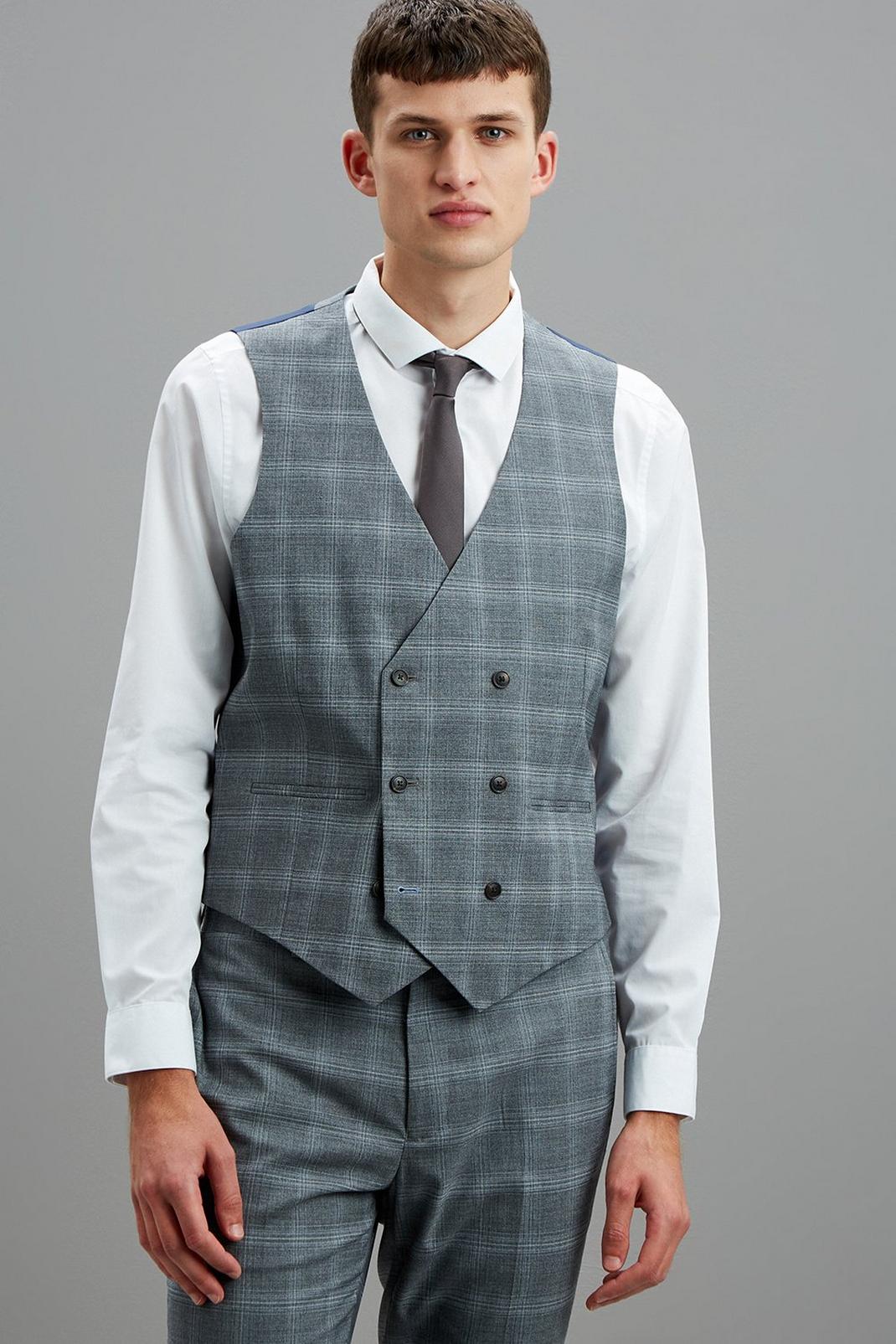 Mid grey Skinny Fit Grey Fine Check Suit Waistcoat image number 1