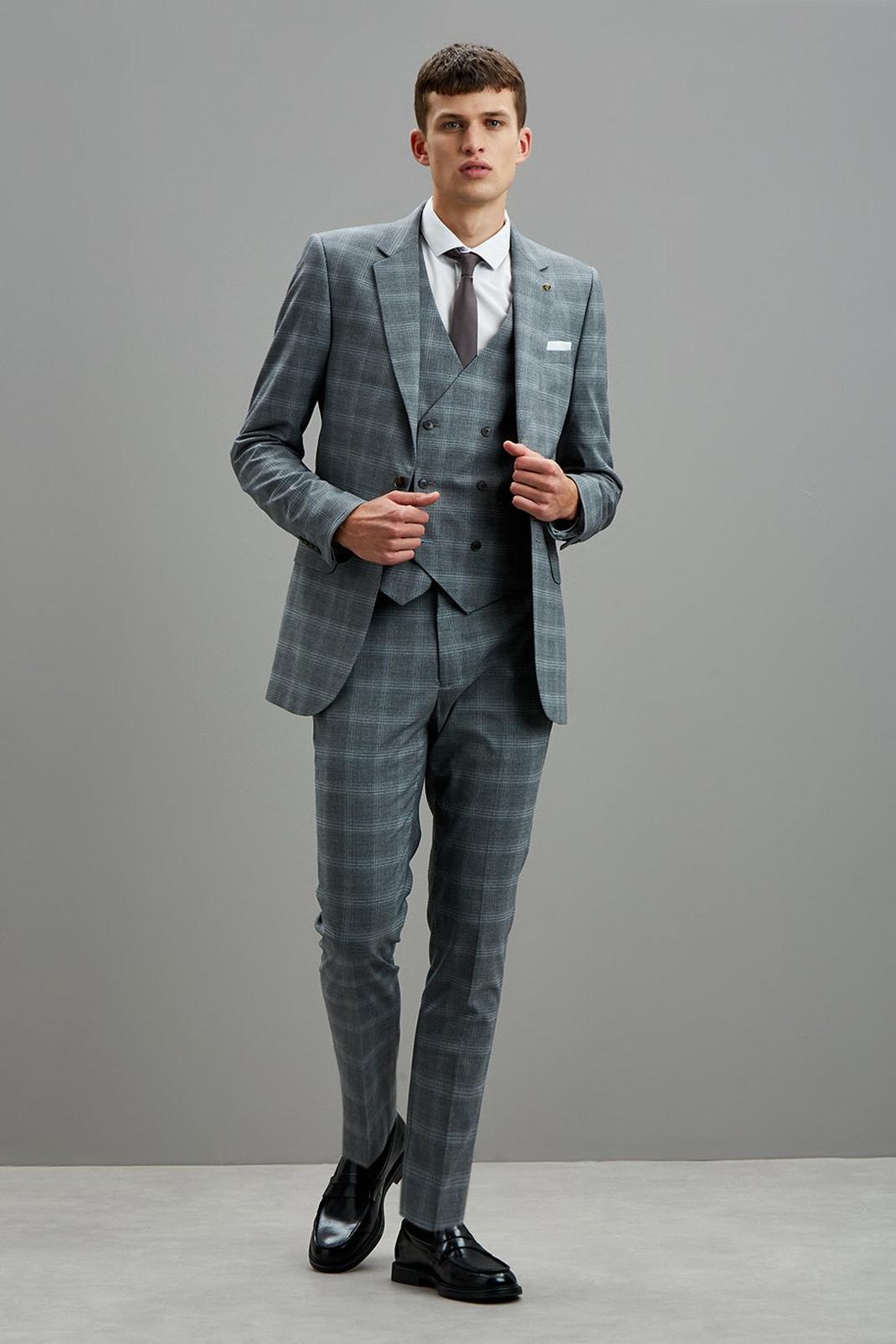 802 Grey Fine Check Skinny Fit Suit Waistcoat image number 2