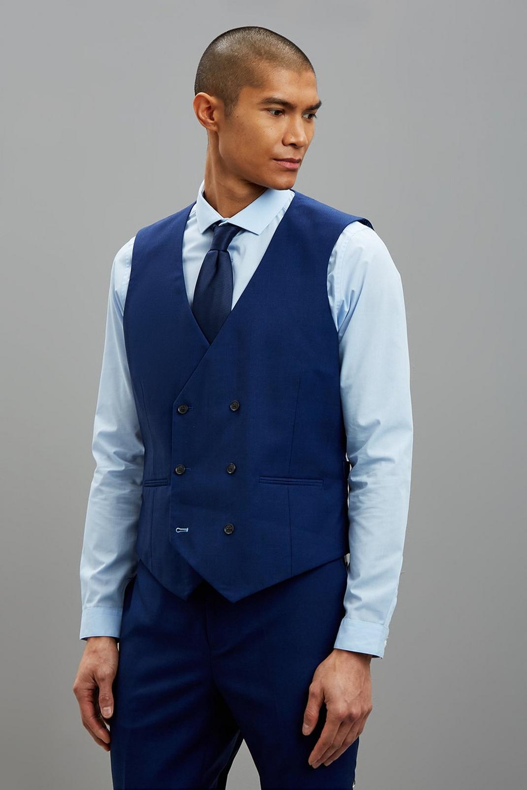 Mid blue Tailored Fit Blue Self Check Waistcoat image number 1