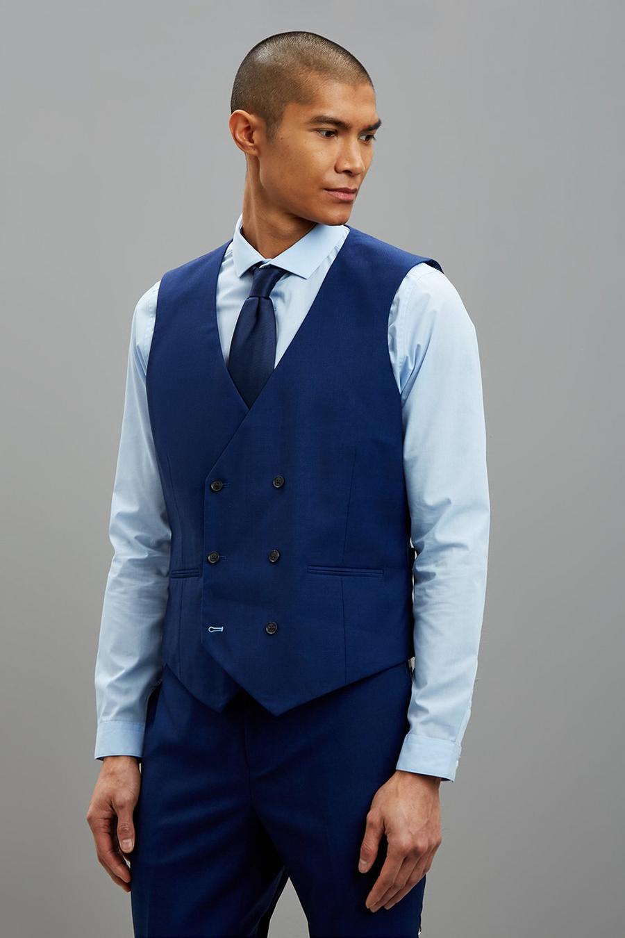 Tailored Fit Blue Self Check Waistcoat