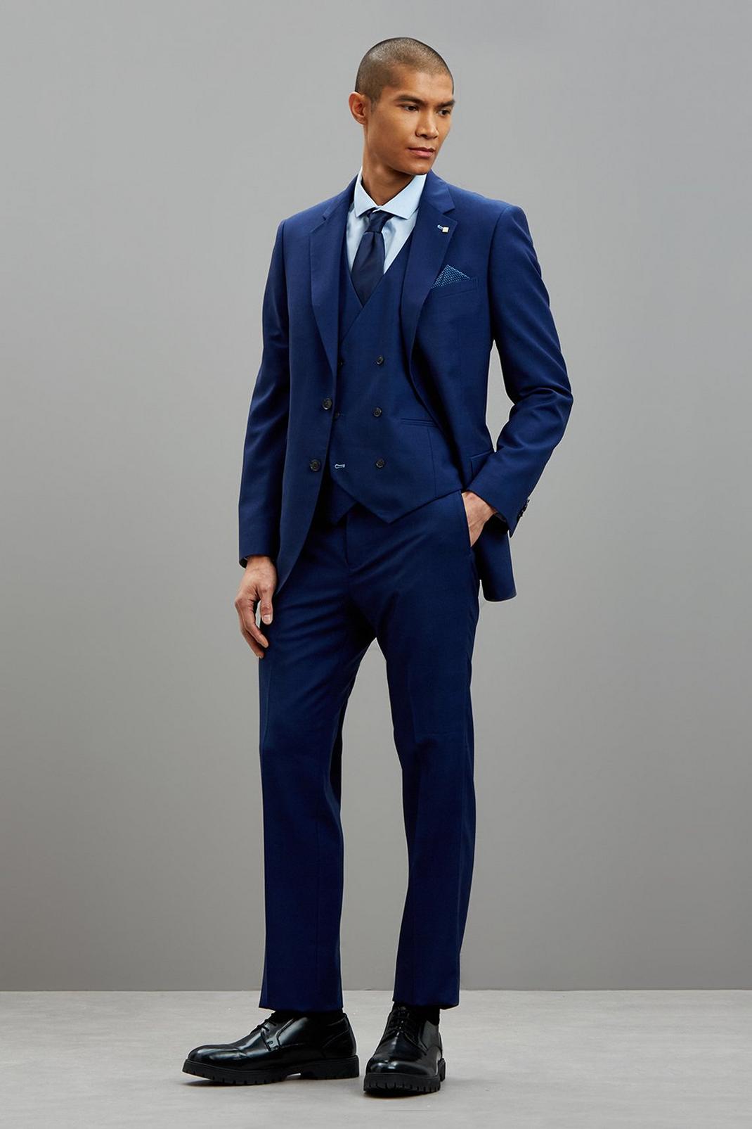 340 Indigo Blue Check Tailored Suit Waistcoat image number 2