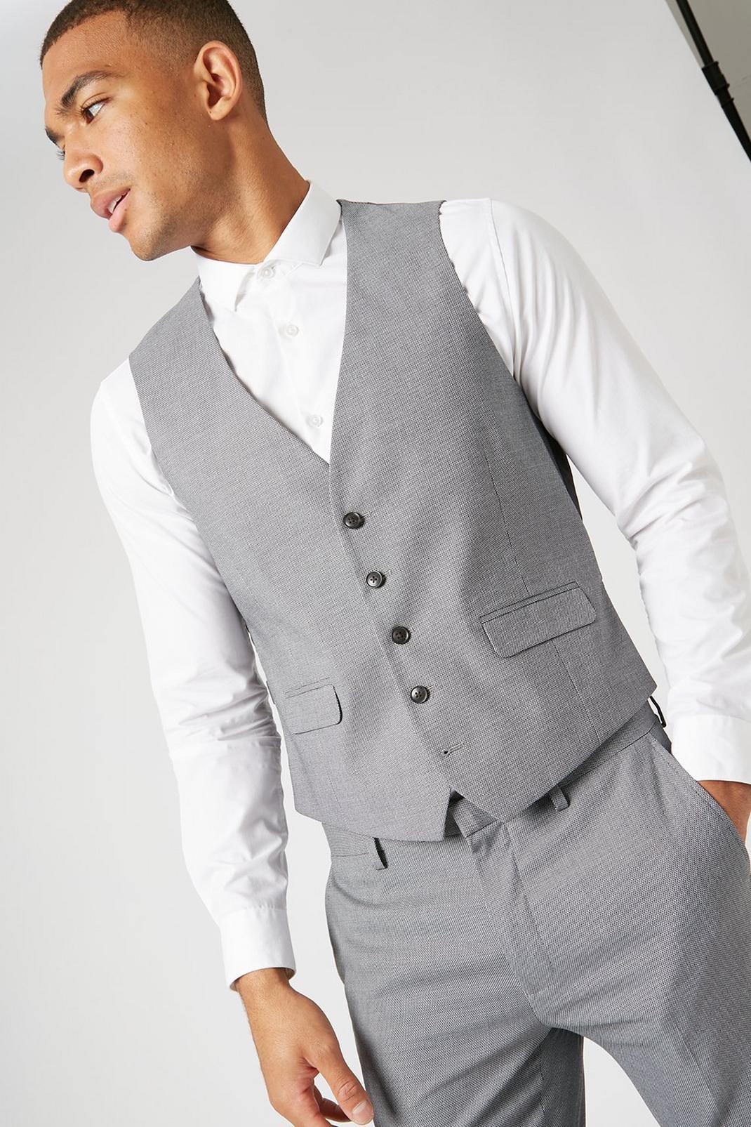 Mid grey Skinny Fit Grey Step Weave Suit Waistcoat image number 1