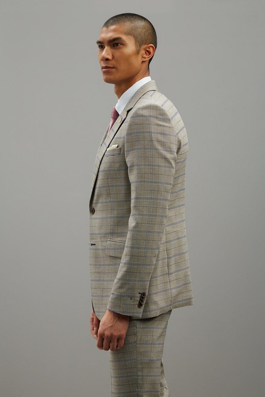 Neutral Sand And Navy Check Skinny Fit Suit Blazer image number 1