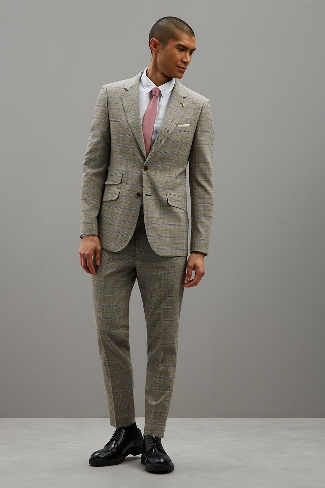 996 Sand And Navy Check Skinny Fit Suit Blazer image number 2