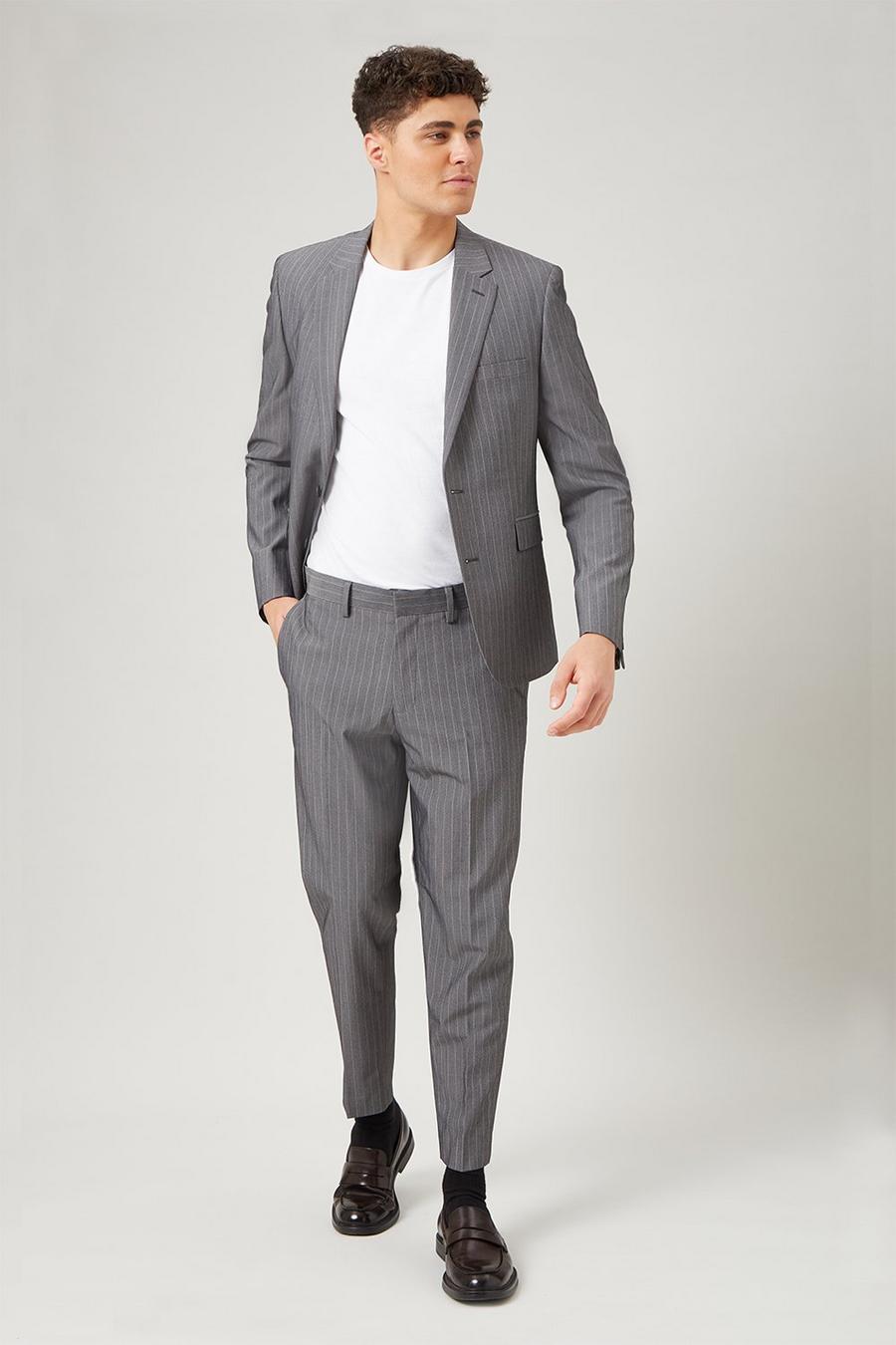 Grey Stripe Skinny Fit Suit Jacket