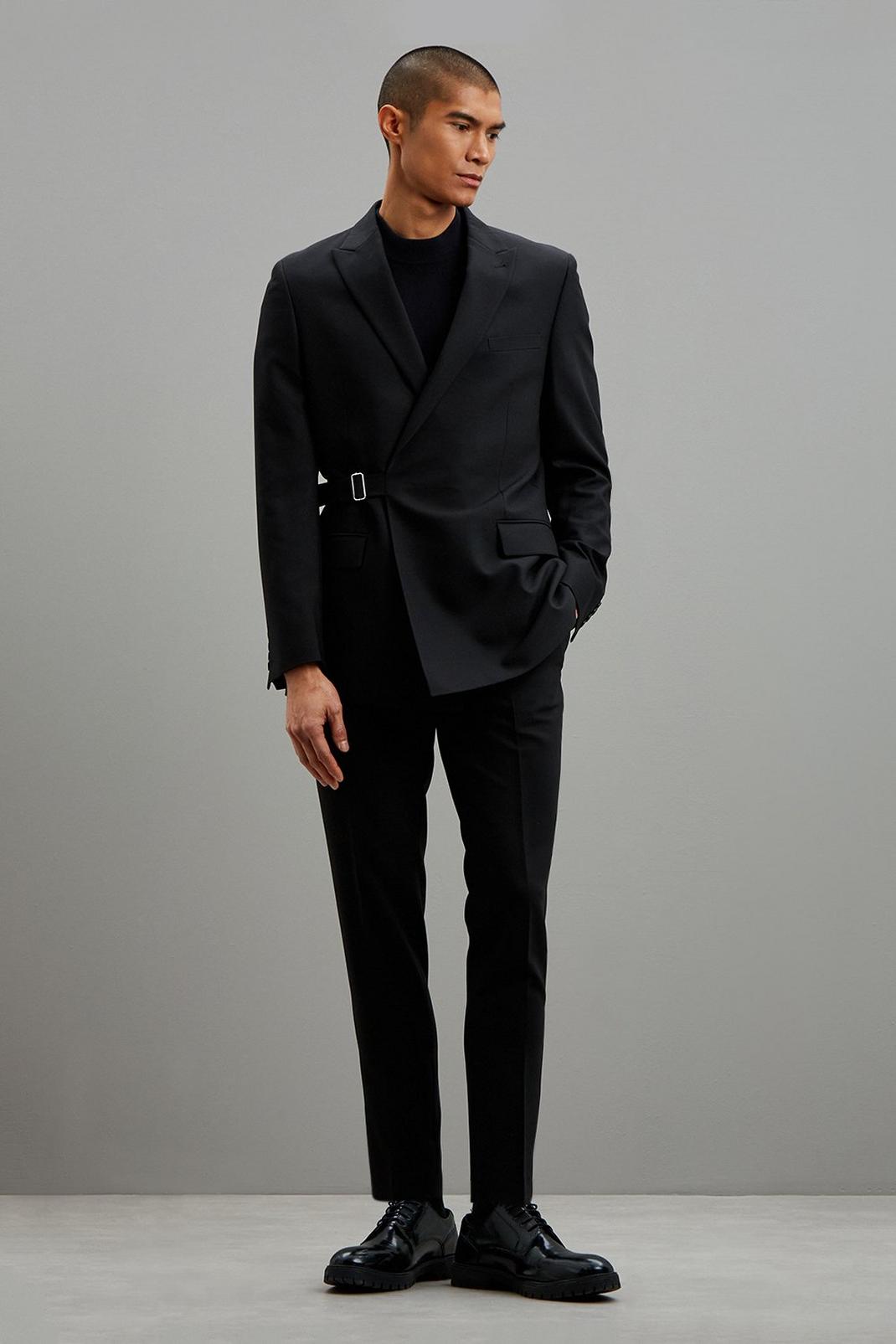 105 Black Relaxed Belted Bi-stretch Suit Blazer image number 2