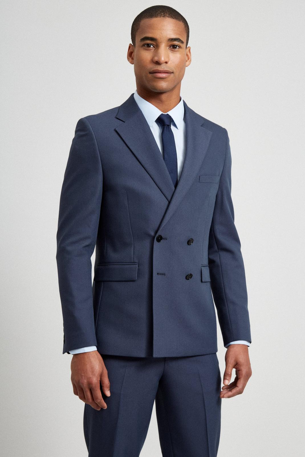 Blue Skinny Bi-stretch Double Breasted Suit Jacket image number 1