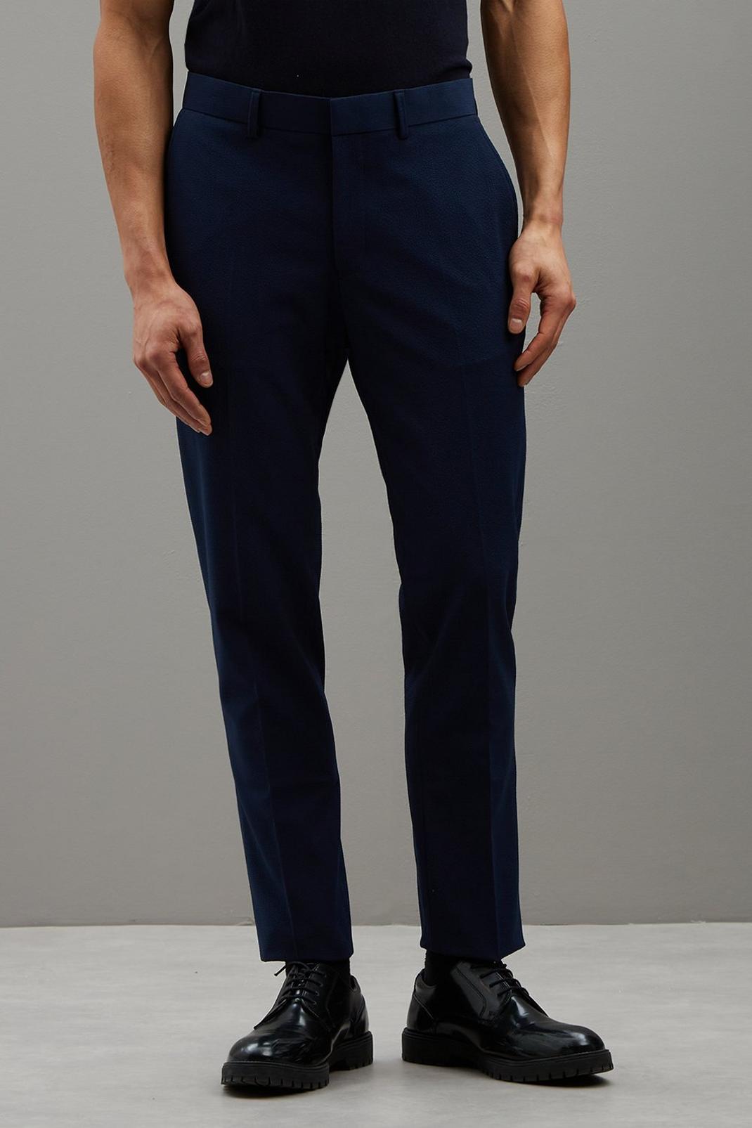 148 Navy Seersuck Slim Fit Trouser image number 1
