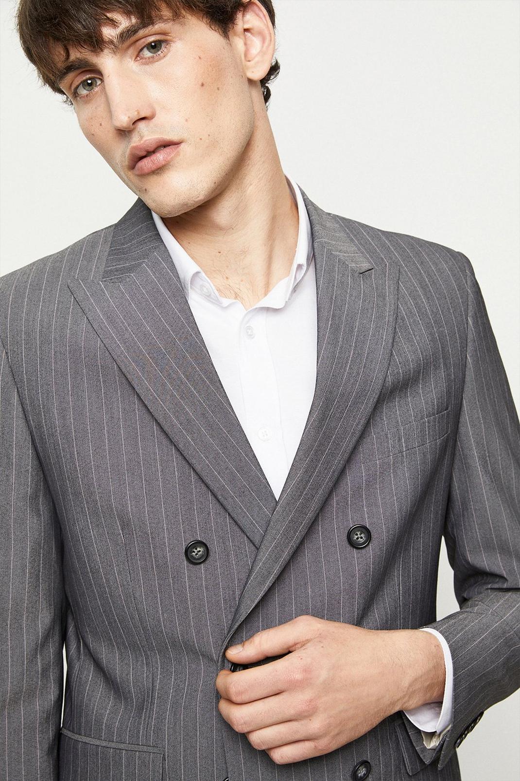 Light grey Slim Fit Grey Stripe Double Breasted Jacket image number 1
