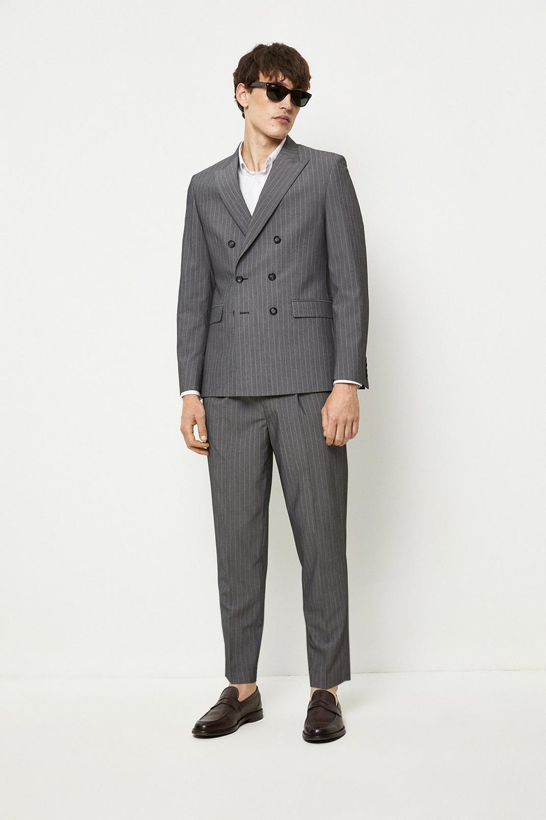 508 Slim Double Breasted Grey Stripe Suit Blazer image number 2