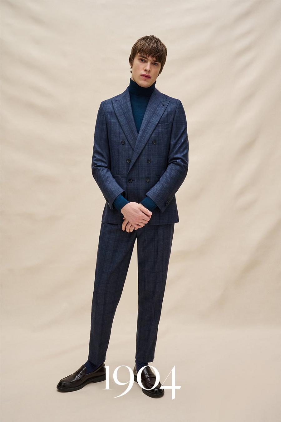 1904 Slim Fit Navy Check Double Breasted Wool Blend Suit Jacket