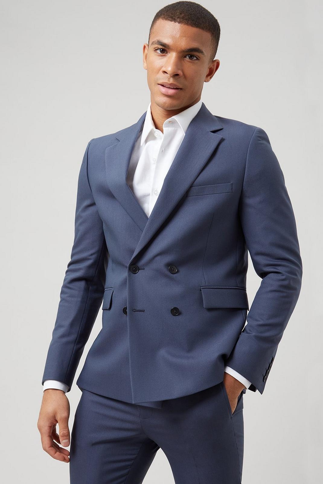 Super Skinny Blue Double Breasted Bi-stretch Suit Jacket image number 1