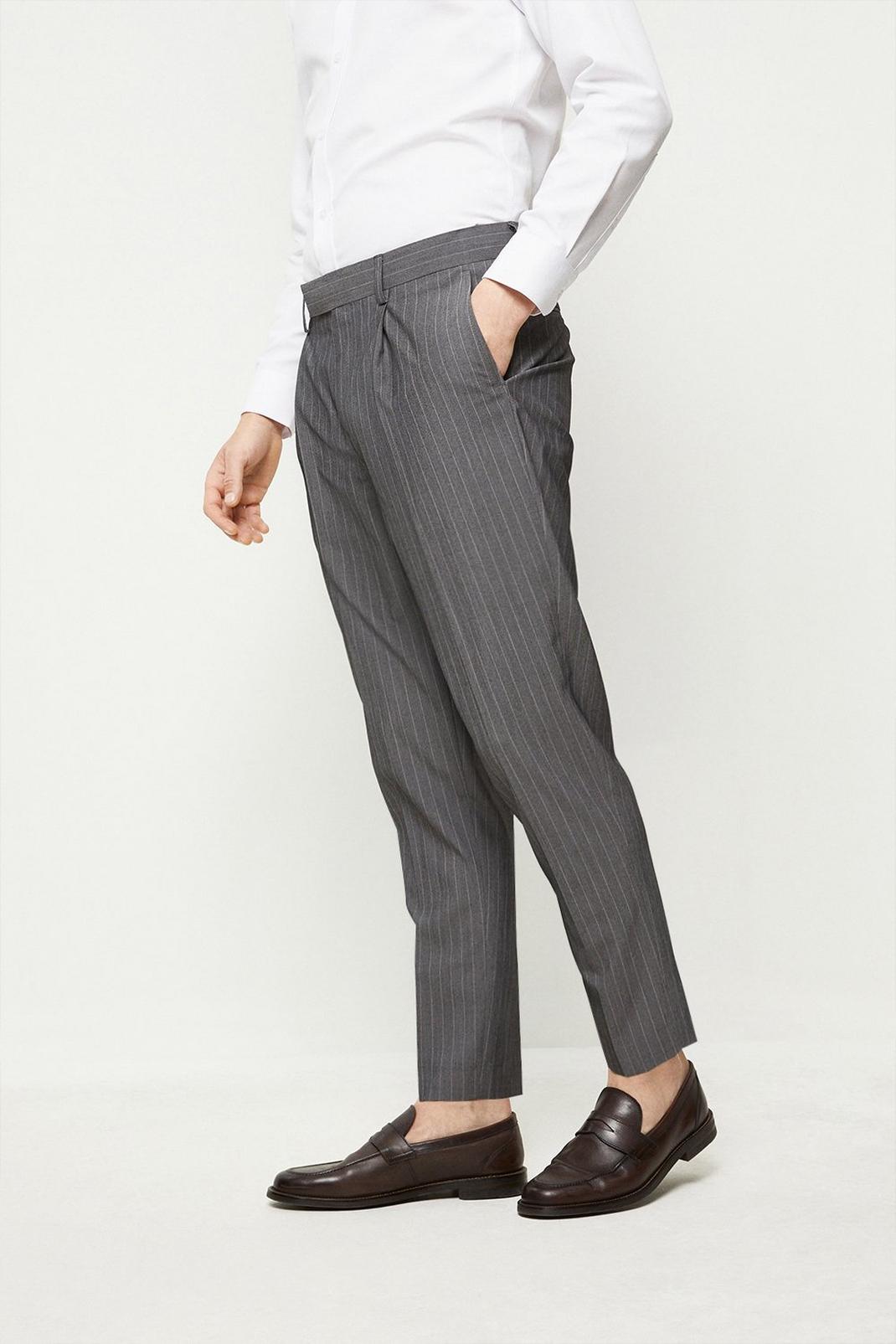 Light grey Tapered Fit Grey Stripe Pleated Trouser image number 1