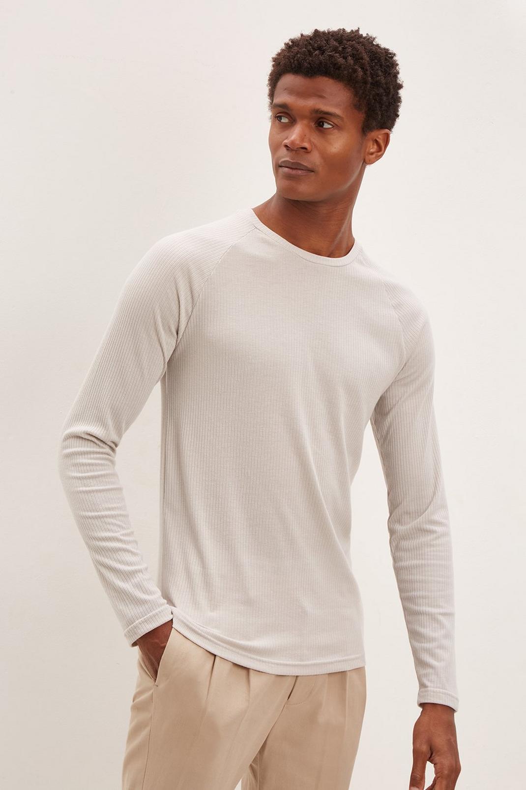 Grey Muscle Fit Long Sleeve Ribbed T-Shirt image number 1