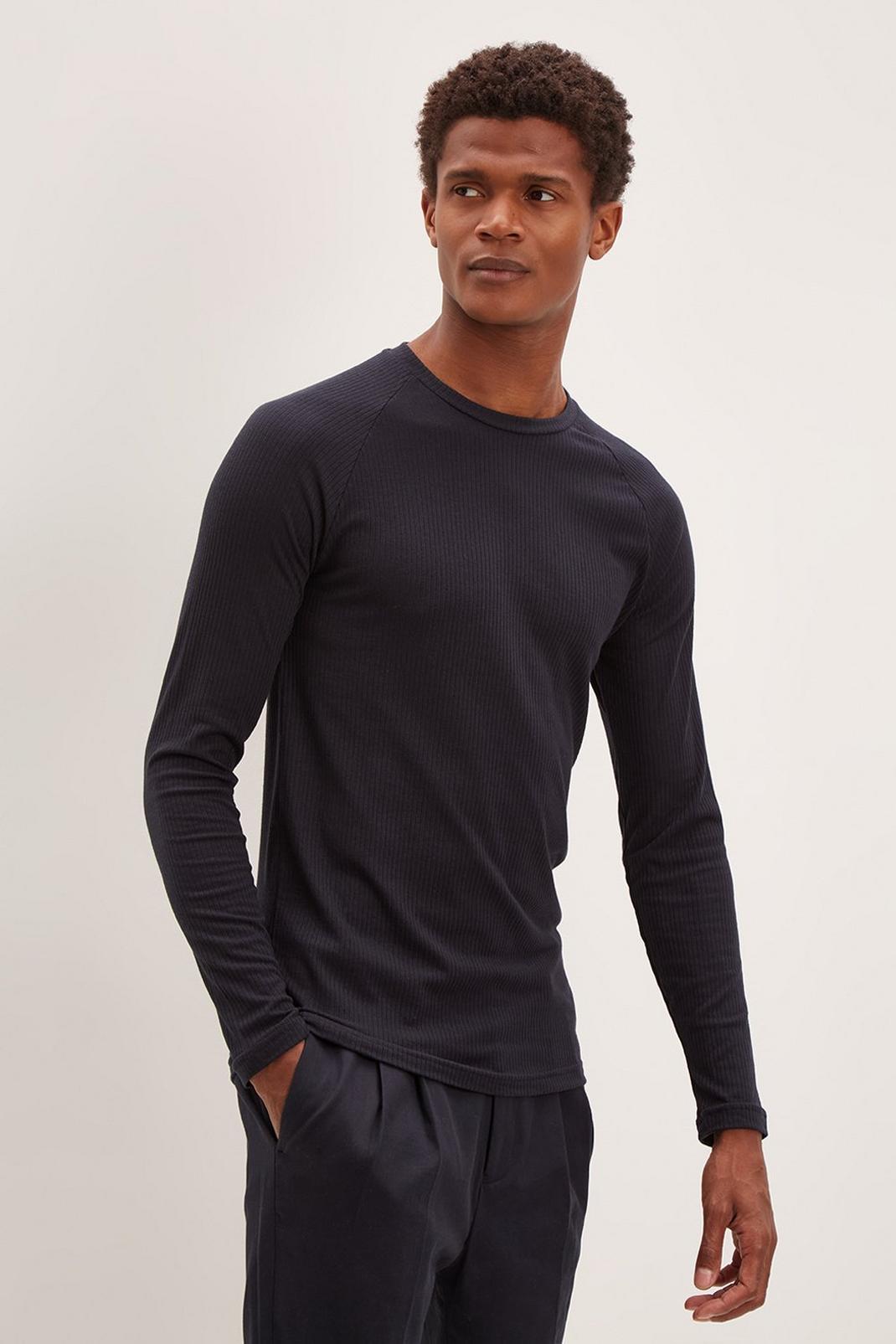 Navy Muscle Fit Long Sleeve Ribbed T-Shirt image number 1
