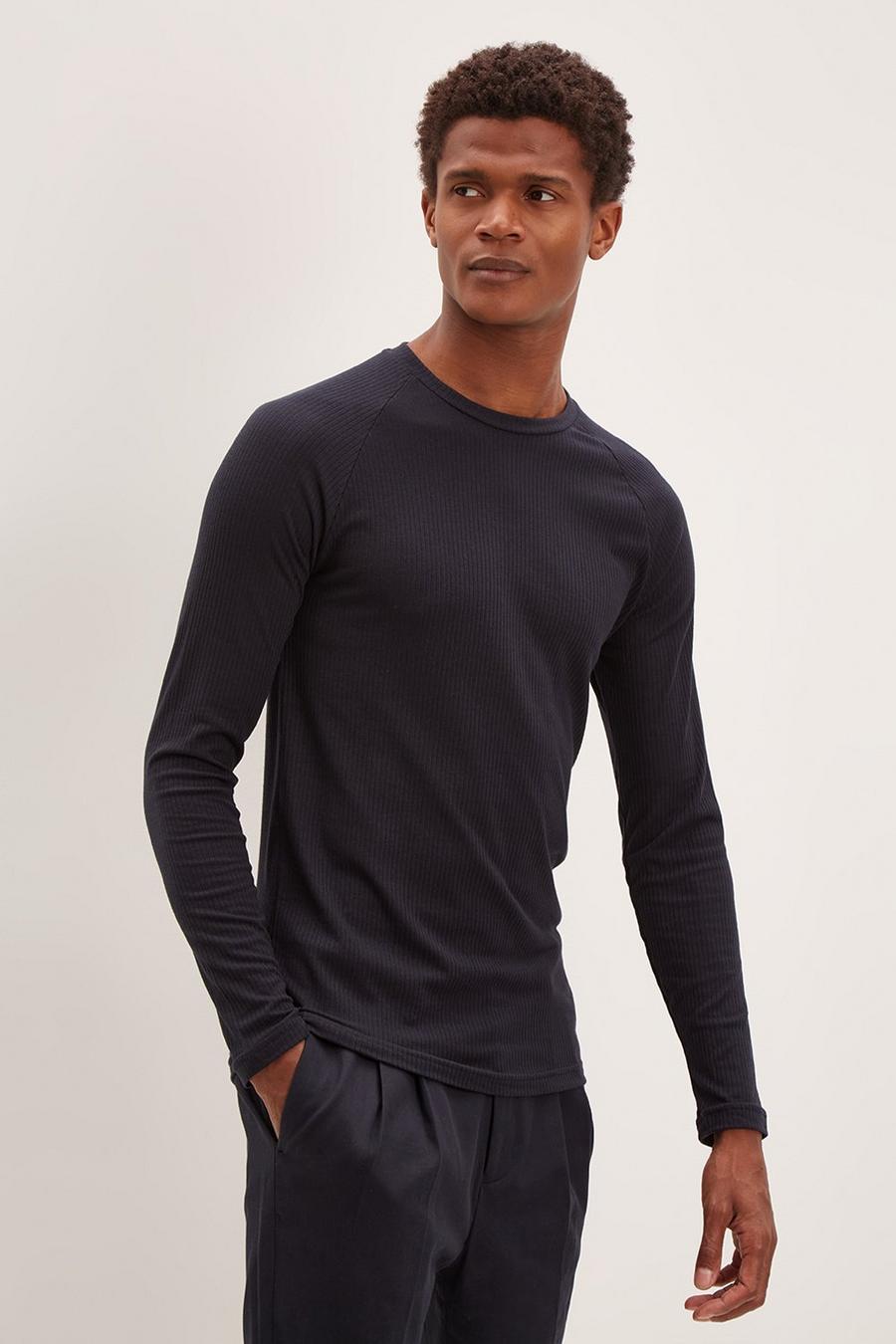 Long Sleeve Muscle Fit Ribbed T Shirt