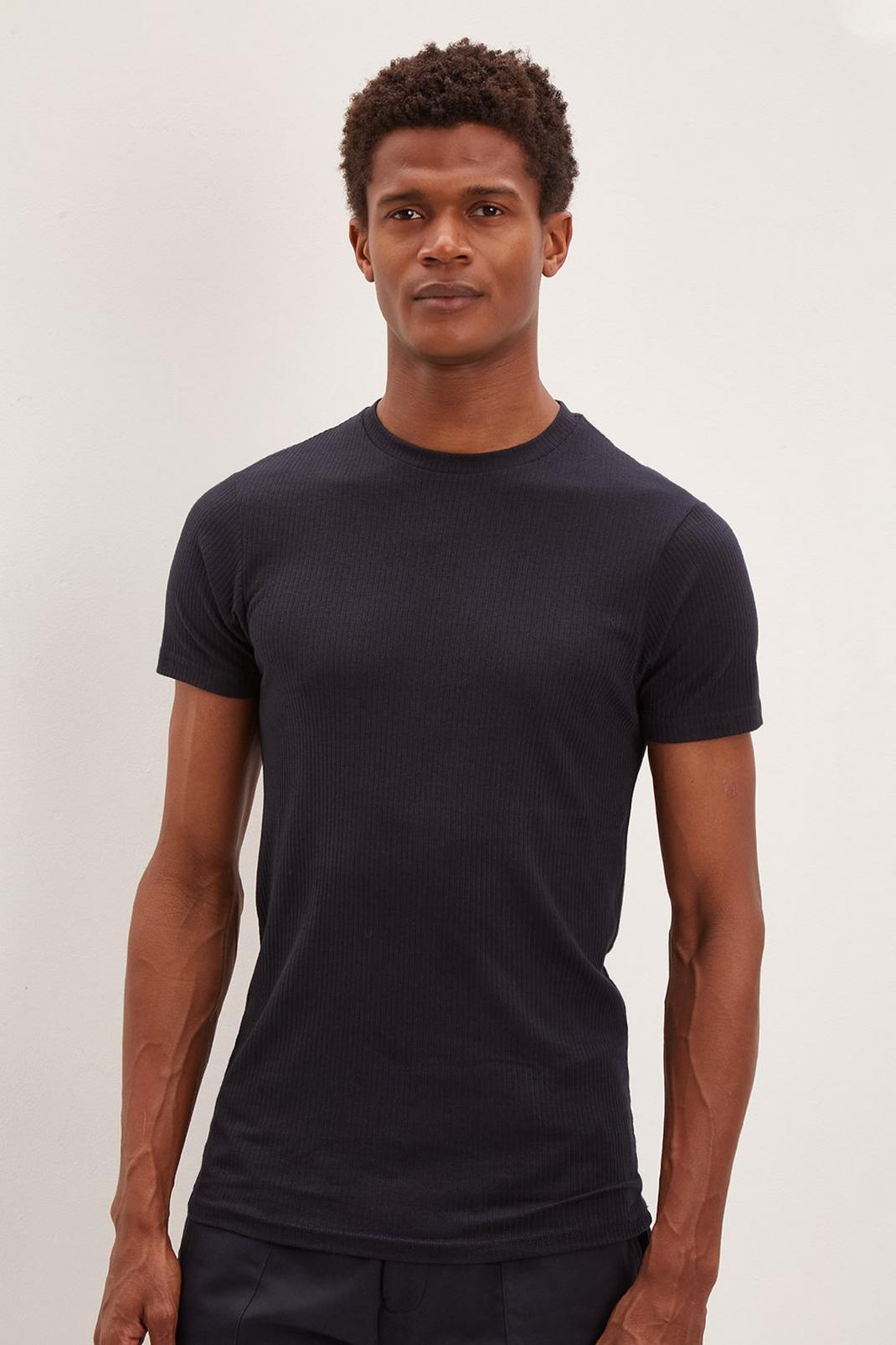 Navy Muscle Fit Short Sleeve Rib T-Shirt image number 1
