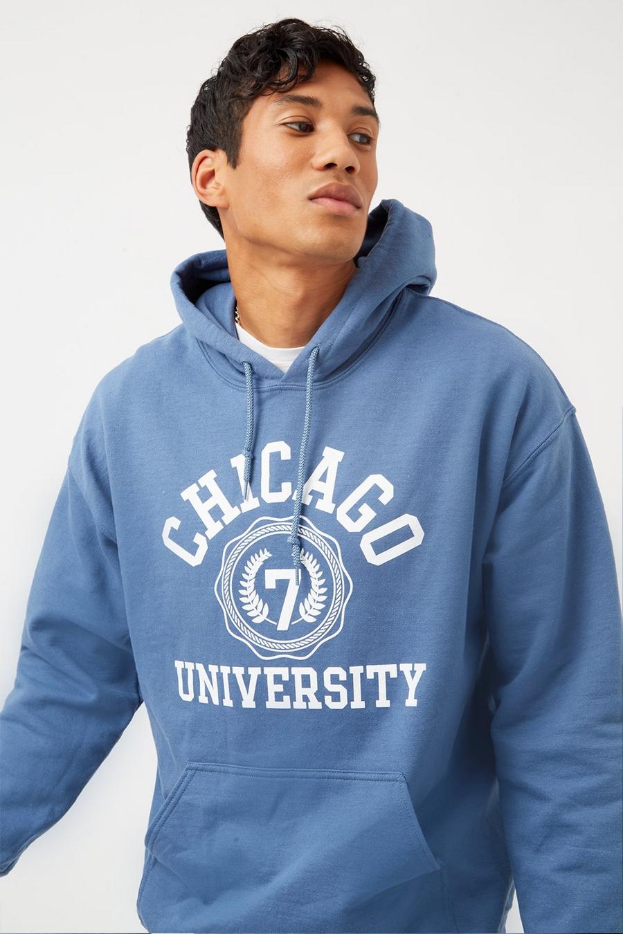 Blue Oversize Chicago University Print Hoodie