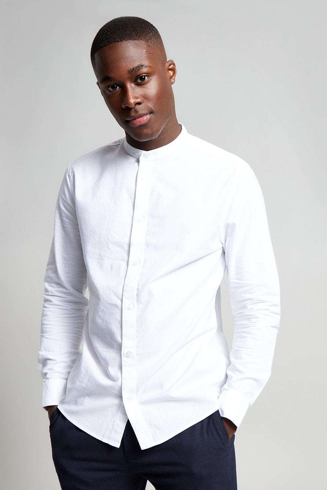 173 Long Sleeve Grandad Collar White Oxford Shirt image number 2