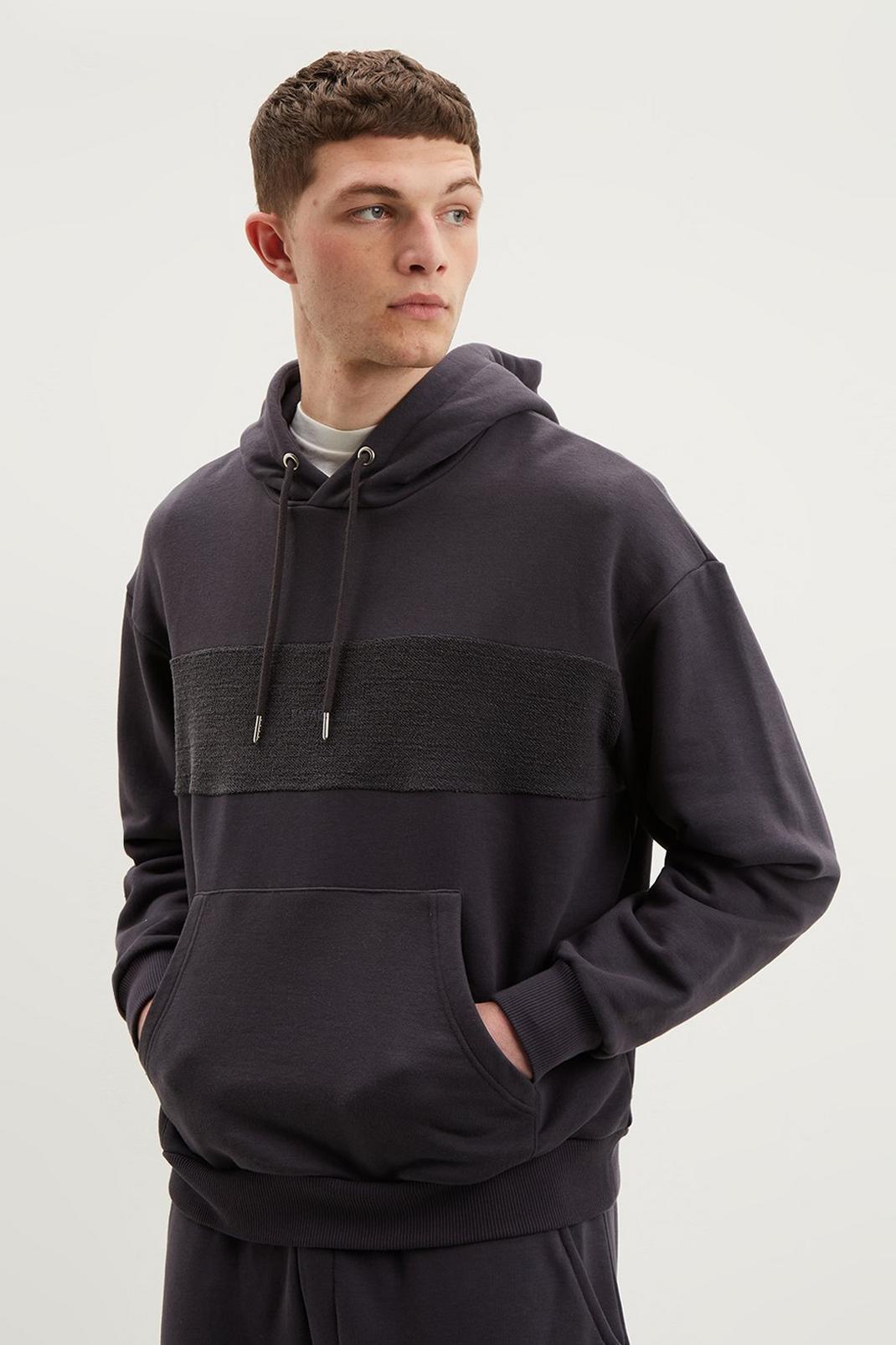 Navy Relaxed Fit Chest Panel Reverse Jersey Hoodie image number 1