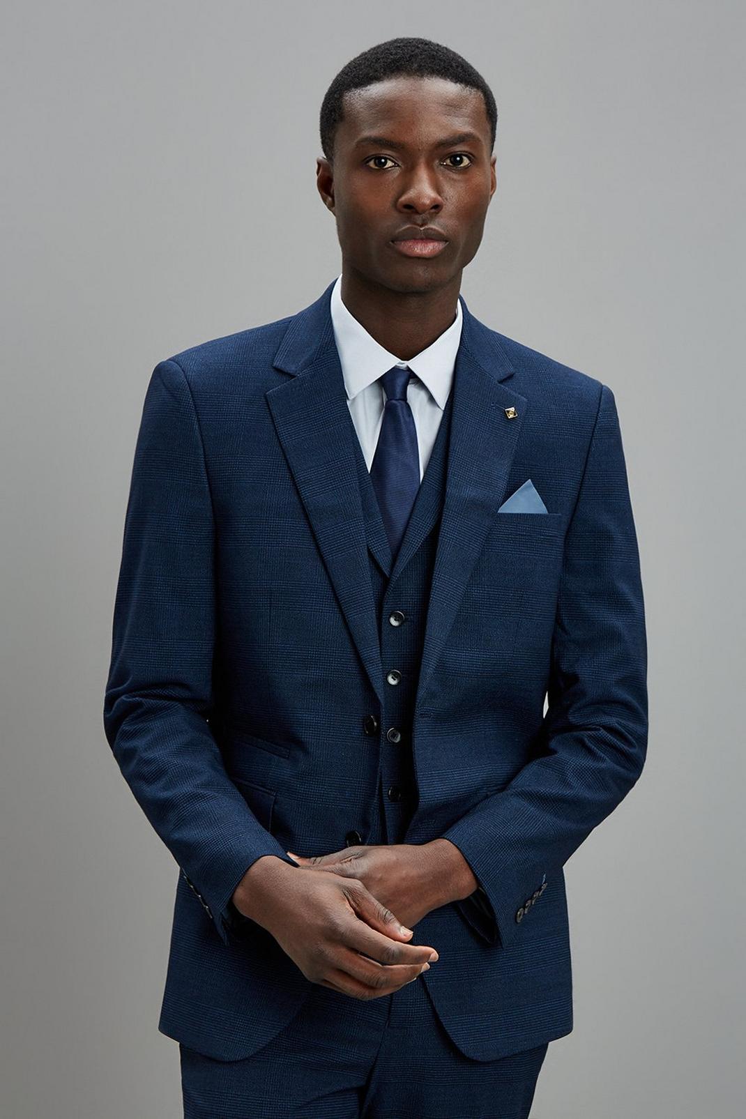 Tailored Fit Navy Tonal Check Jacket image number 1