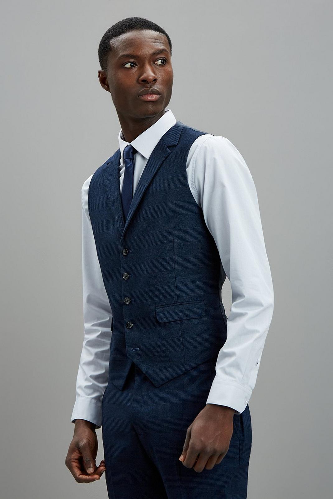 148 Navy Tonal Check Tailored Fit Suit Waistcoat image number 1
