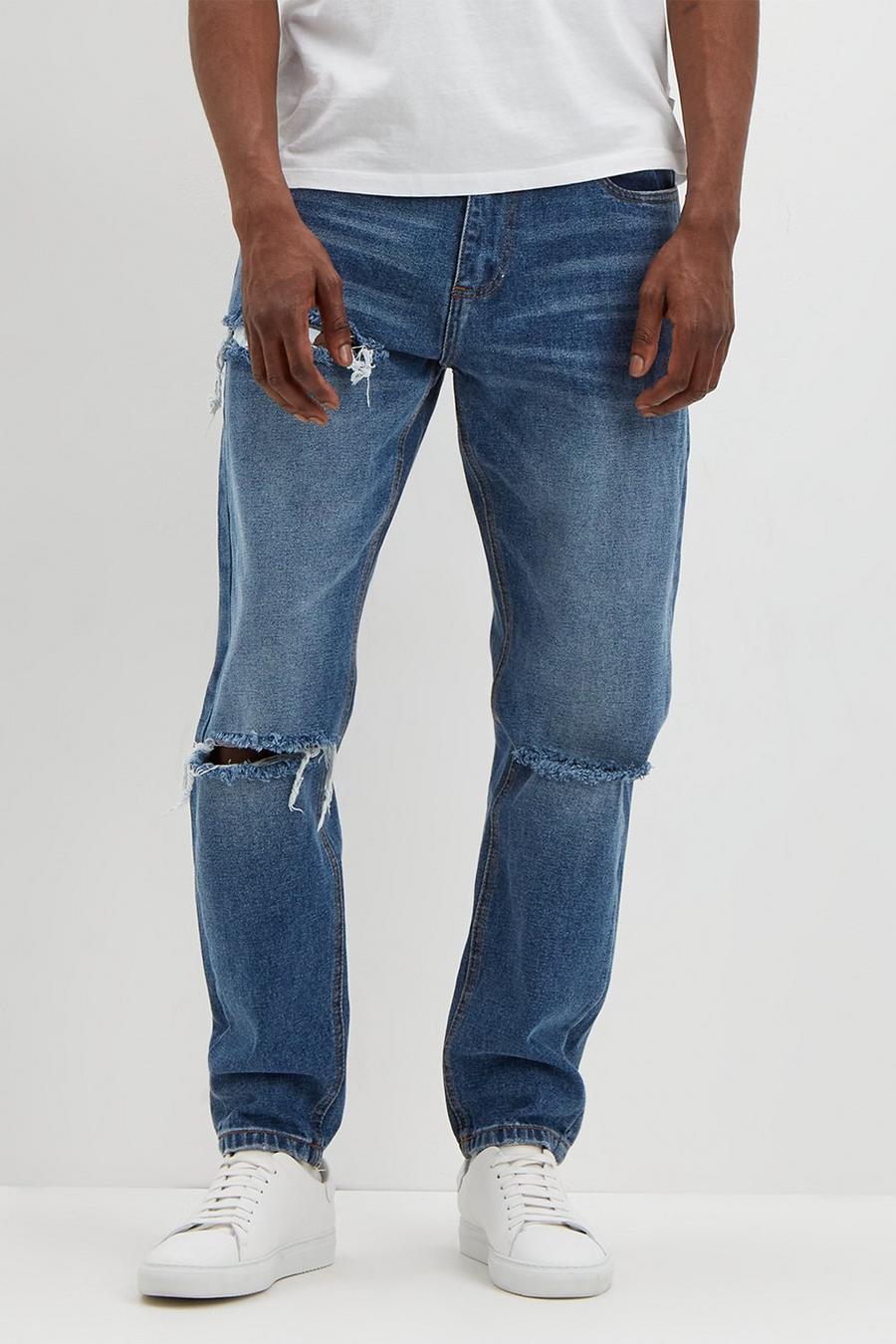 Tapered Slash Mid Blue Rip Jeans