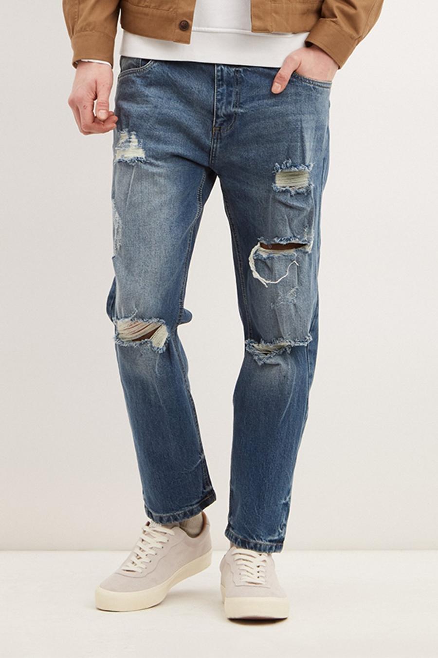 Straight Crop Mid Blue Heavy Rip Jeans