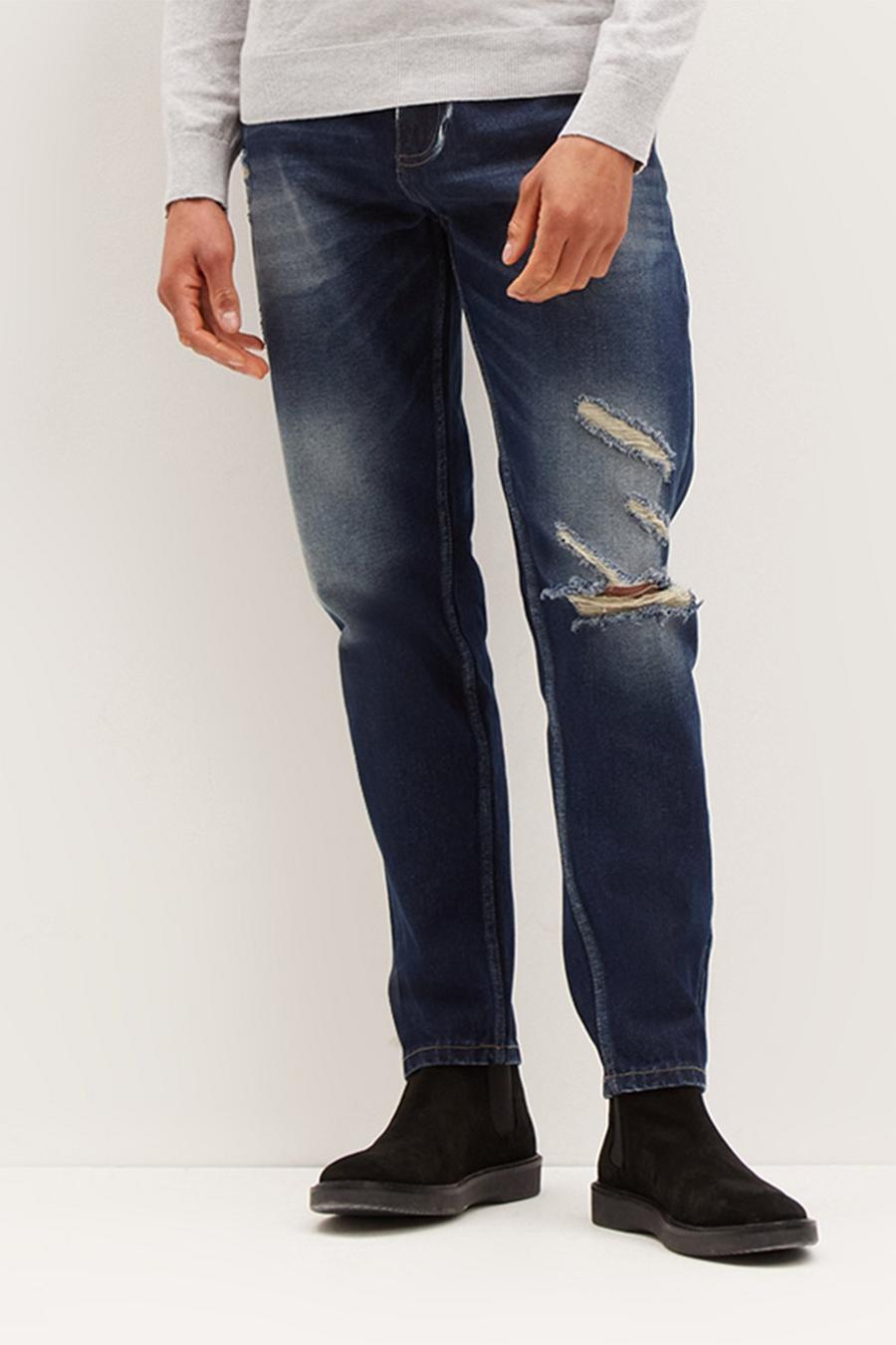 Tapered Mid Blue Rip Jeans