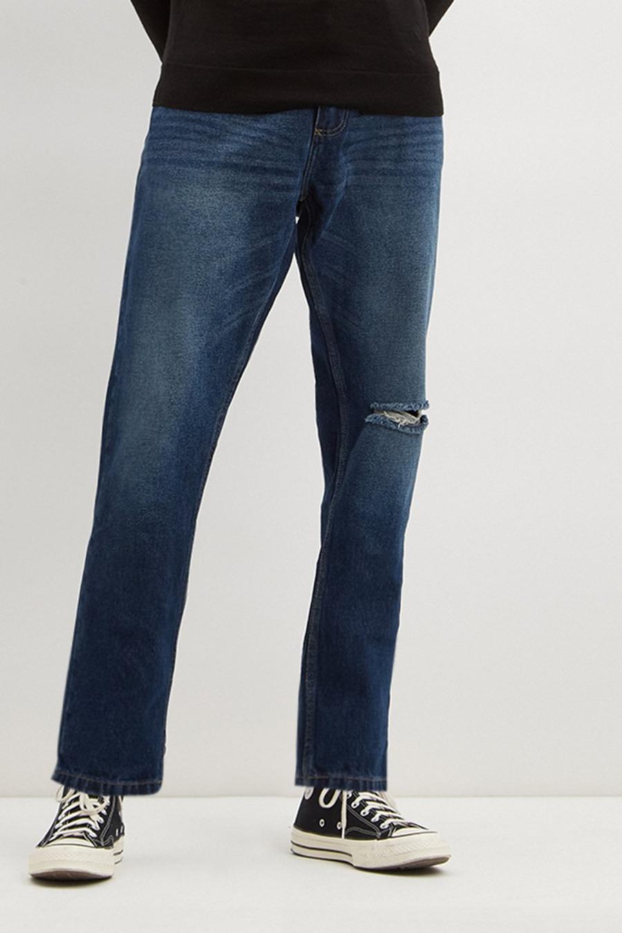 Loose Tapered Dark Blue Rip Jeans